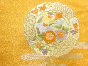 アンティーク　絵皿に草花模様刺繍名古屋帯